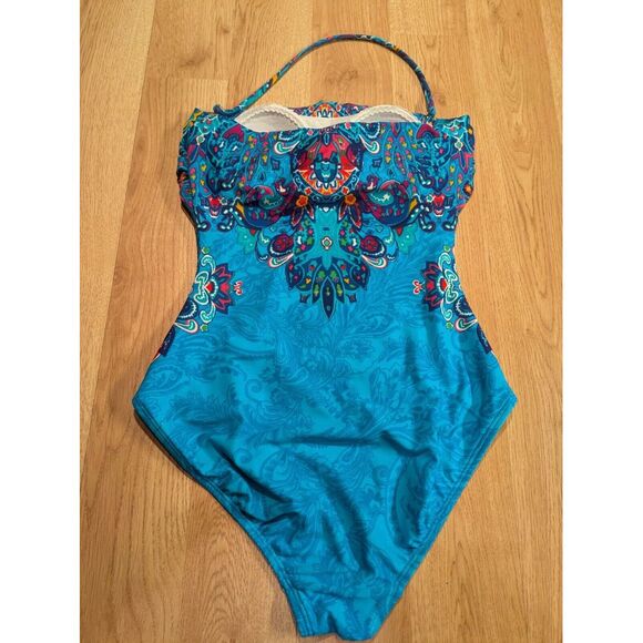 Ralph Lauren Green Label Blue Blue Floral Paisley One Piece Halter Swimsuit Sz 6 - Picture 9 of 9